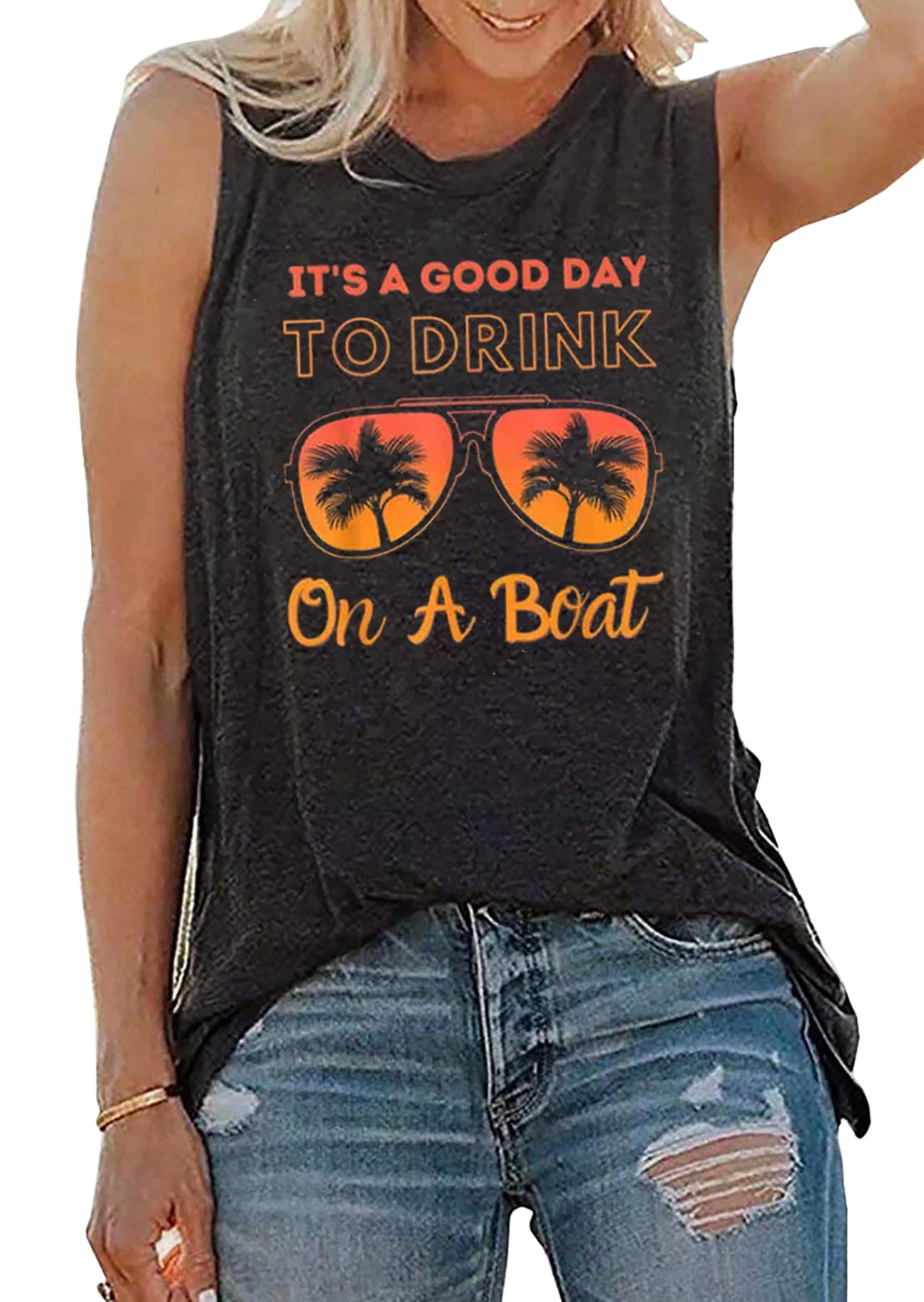 It is A Good Day to Drink On A Boat Tank Tops Women Funny Drinking Shirt Letter Print Sleeveless T-Shirt