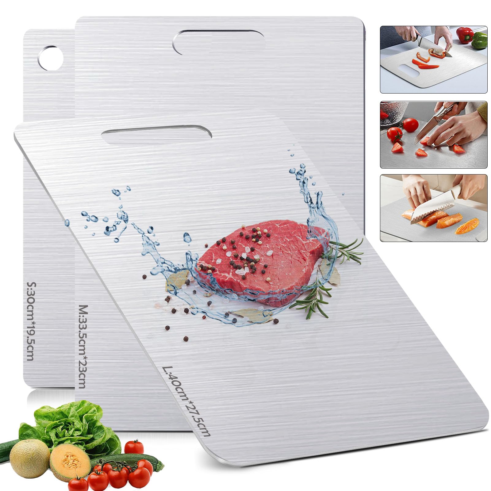 Lot de 3 Planches à Découper Titane & Inox - Double Face Qualité Alimentaire, Non Poreuses Sans Microplastiques, Résistantes aux Odeurs, Hygiéniques pour Cuisine Domestique