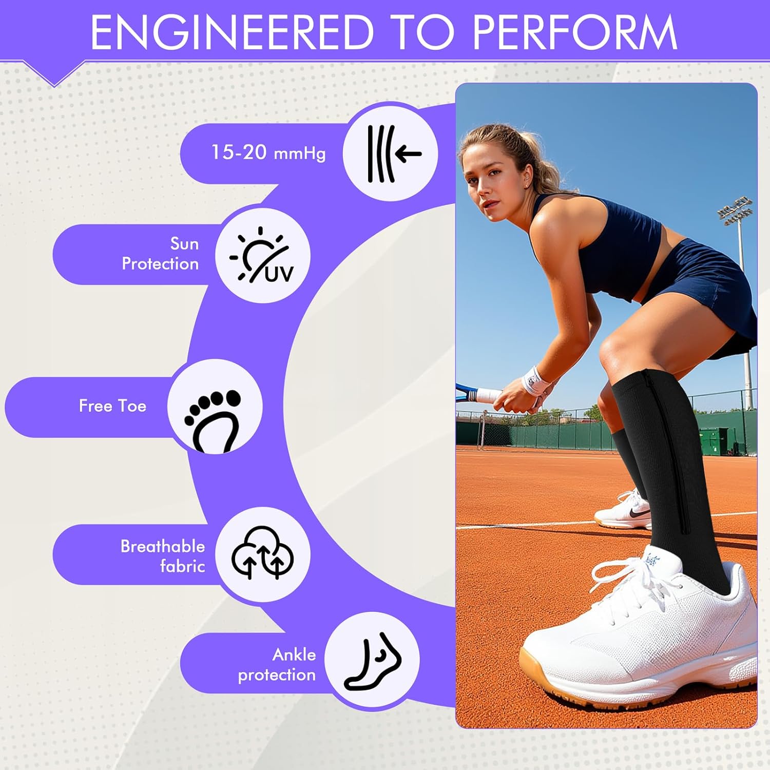 Zipper Compression Socks Open Toe 15-20mmHg for Women&Men 2 Pairs Knee High Support Socks for Running Cycling - Image 4