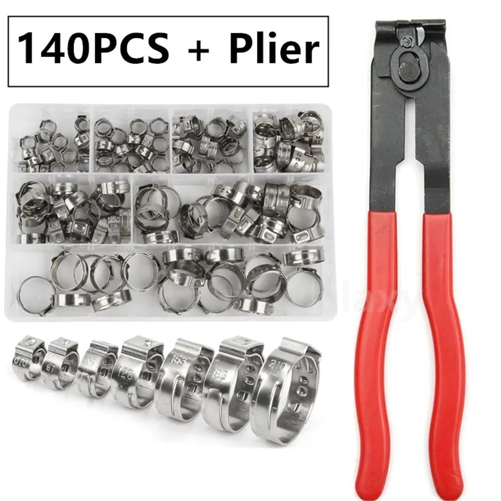 Schlauchschellen Aus Edelstahl Stufenlose Schlauchklemmen mit einem Ohr, 7–21 mm, Edelstahl 304/1 Clip-Klemmzangen-Set(80pcs with plier)
