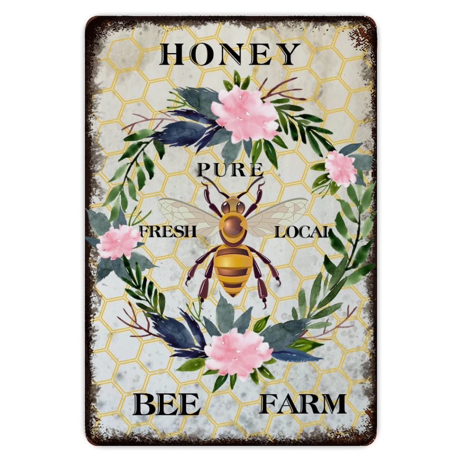 Rustic Aluminum Sign Bee Farm Honey Flower Wreath Tin Metal Sign Retro Home Kitchen Room Wall Door Hanger Decor Sign 8x12 inch