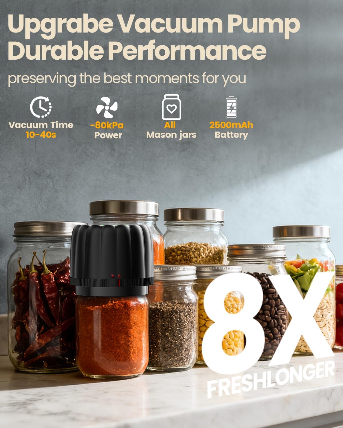 Upgraded Electric Mason Jar Vacuum Sealer Kits for Regular and Wide Mouth Jars with 10 Lids, 80kPa Vacuum Pump Auto Canning Sealing Machine with 2500mAh Battery for Food Storage Reducing Waste