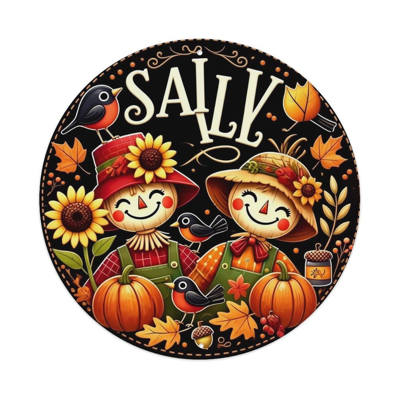 Scarecrow Autumn Harvest Birds Pumpkins Round Metal Tin Sign Vintage Wall Decor, Bar Garage Cafe Kitchen Home Wall Art Poster 8x8inches