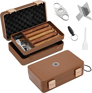 Travel Cigar Humidor Box Case Double layer design with Cigar Accessories Hygrometer&Spanish Cedar &Humidifier &Cigar Cutter & Cigar Stand &Cigar Punch CutterHold 8-10 Count -Cigar Waterproof Case, Crushproof, Airtight Seal Portable