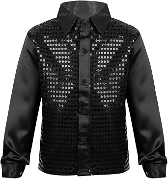 inlzdz Kids Boys Girls Sequins Long Sleeve Collar T-Shirts Tops Jazz Hip Hop Street Dance Performing Costume