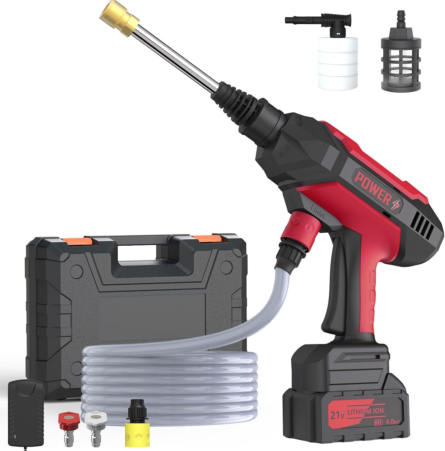 Cordless Pressure Washer, Portable Pressure Washer Battery Powered Max 950PSI, 1.2GPM with 1 * 21V 4.0Ah Rechargeable Battery, 20FT Drain Hose, Electric Power Washer for Car, Floor, Red