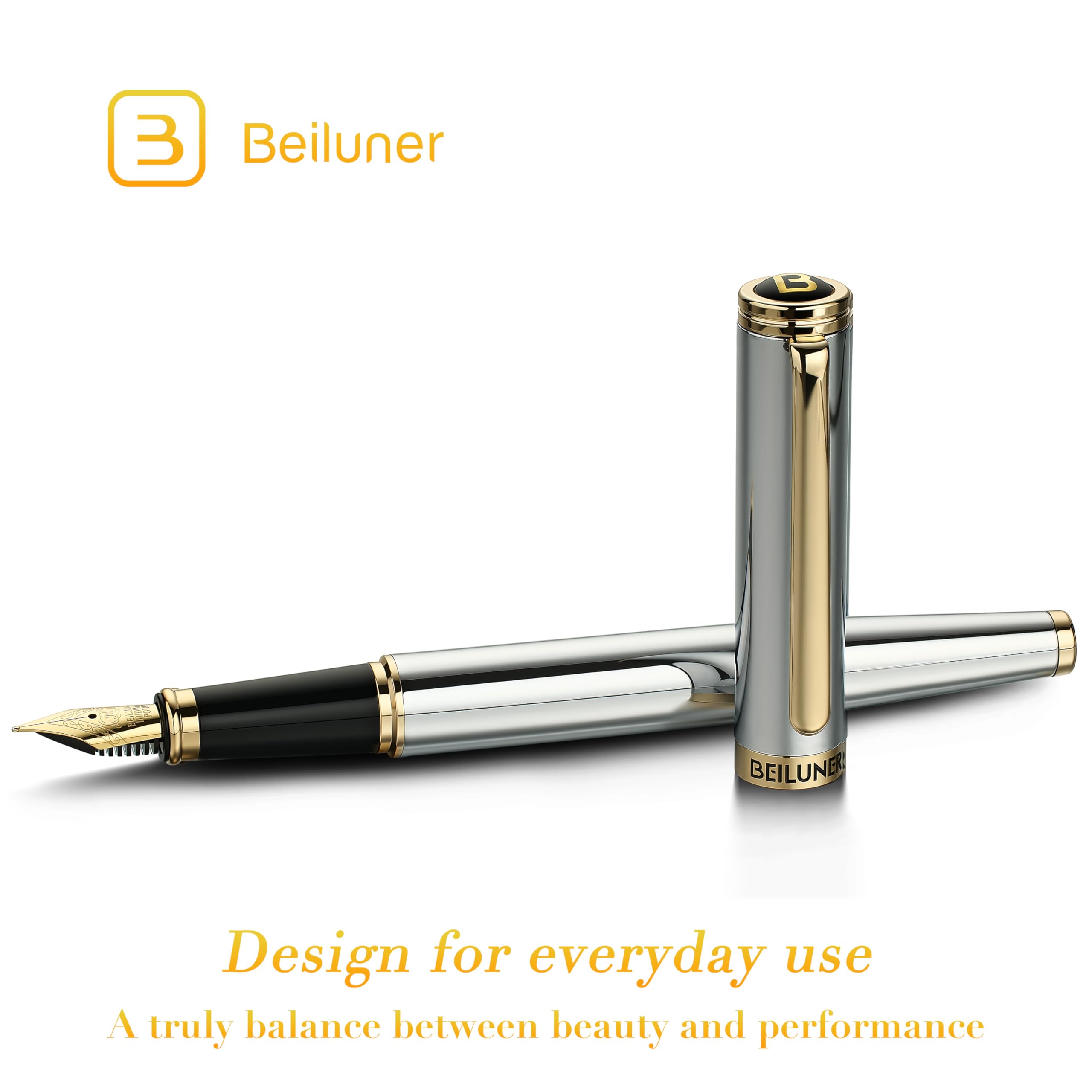BEILUNER Silver Chrome Fountain Pen Stunning Luxury with 24K Gold Accents Gorgeous 24K Gilded Nib Medium Fancy Pen — view 2