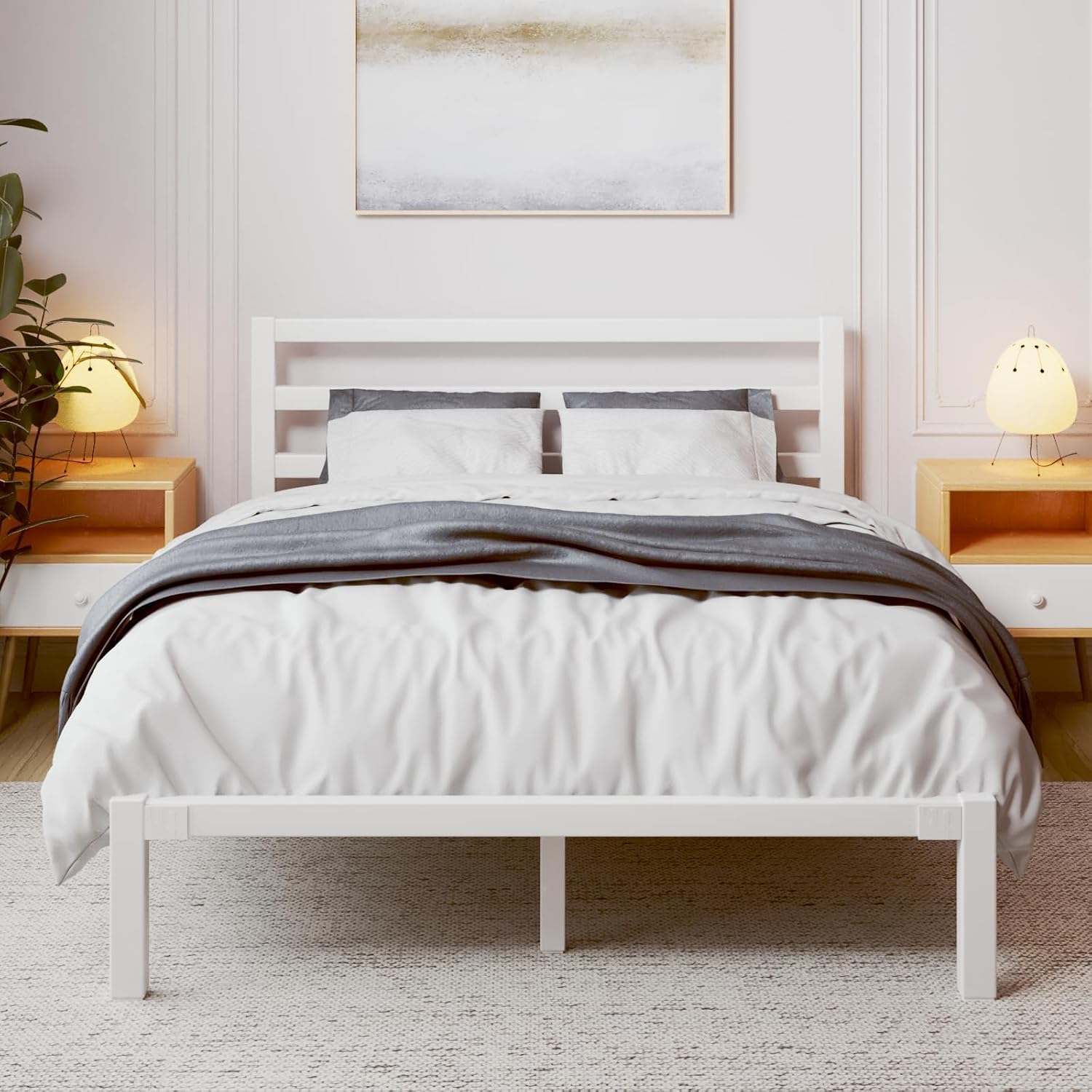 LoVinson Full Size Metal Bed Frame with Headboard, Metal Slats, White