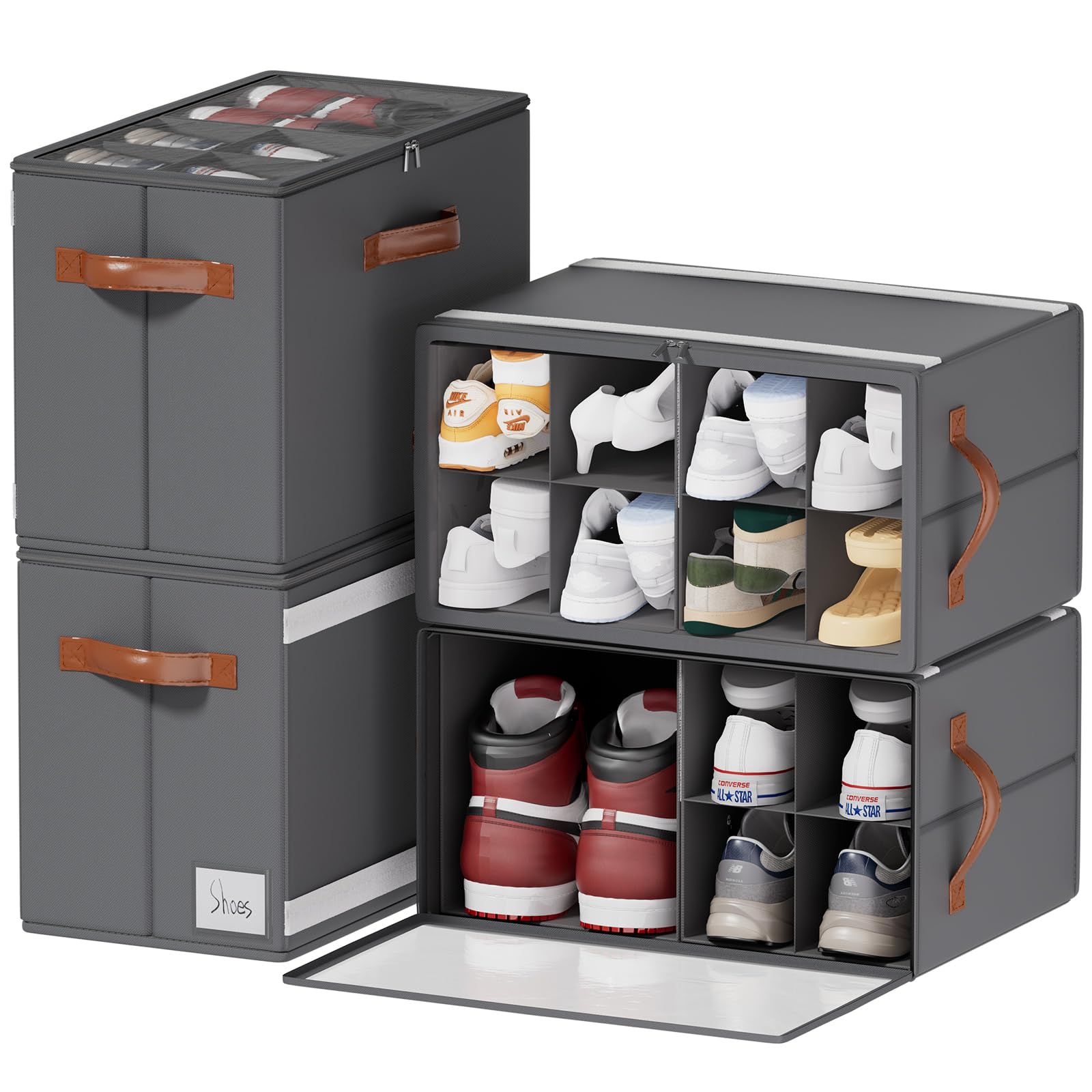Photo 1 of ISusaid 4 Pack Shoe Organizer for Closet, Foldable Shoe Storage Organizer with Adjustable Dividers and Clear Cover, Stackable Fabric Closet Shoe Organizer Storage Box Fits 32 Pairs, Gray