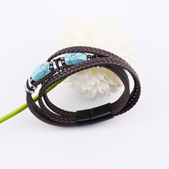 Men's Turquoise Leather Bracelet,Brown Handmade Leather Woven Multilayer Wristband Cuff Bangle Bracelet,Mens Classic Hip-hop Punk Jewellery Accessories