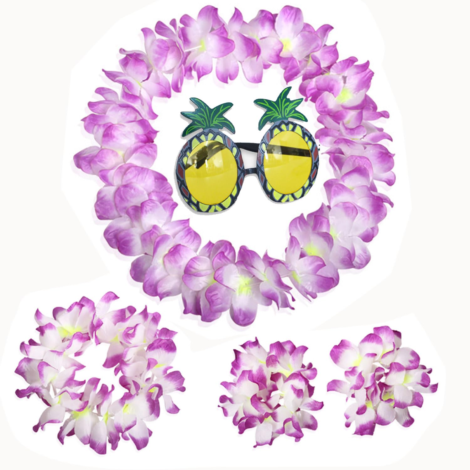 Hawaiian Fancy Dress, Hawaiian Garland with Pineapple Sunglasses, Hawaiian Lei Flower Set for Tropical Luau Party Supplies