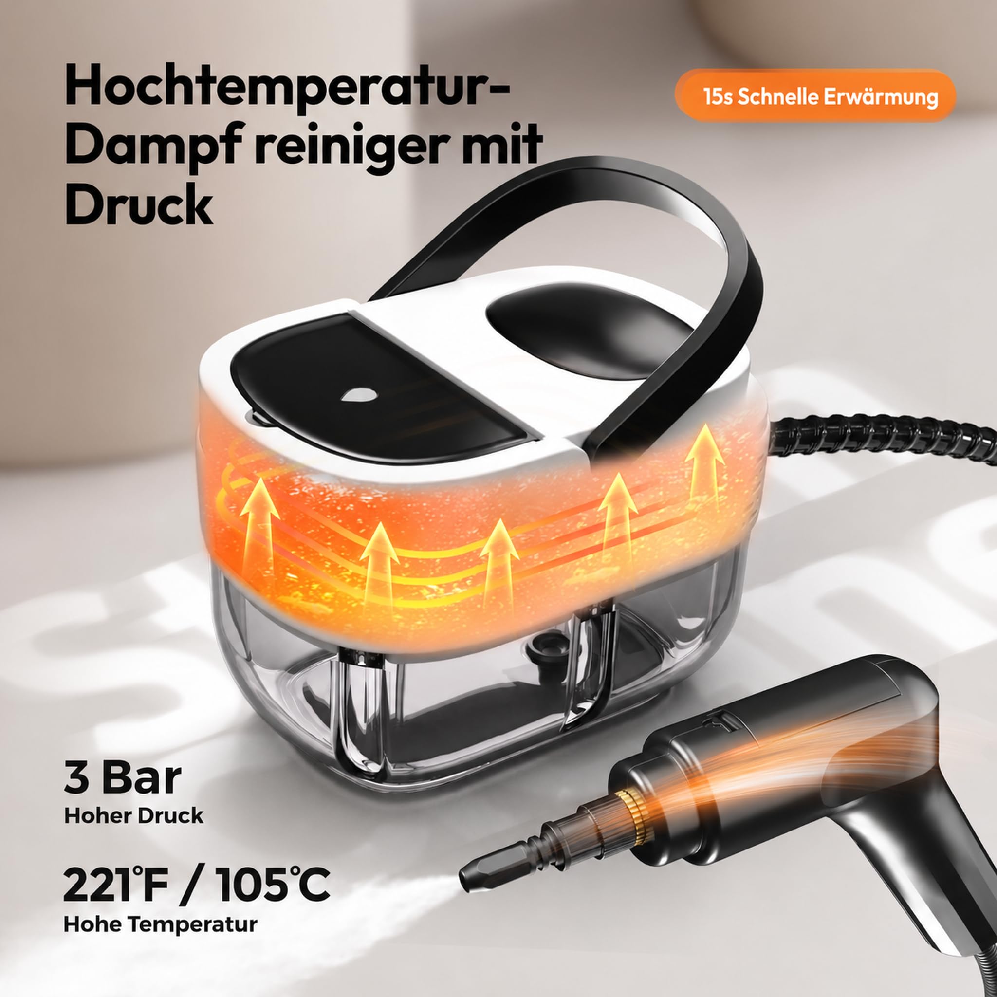 Dampfreiniger Handgerät, Tragbarer Hochdruck Dampfreiniger für Zuhause & Auto, 3-Stufiger Griff, 15 Sekunden Aufheizzeit, 1,6 L Wassertank, Steam Cleaner für Fenster, Küche, Bad, Polster, BBQ