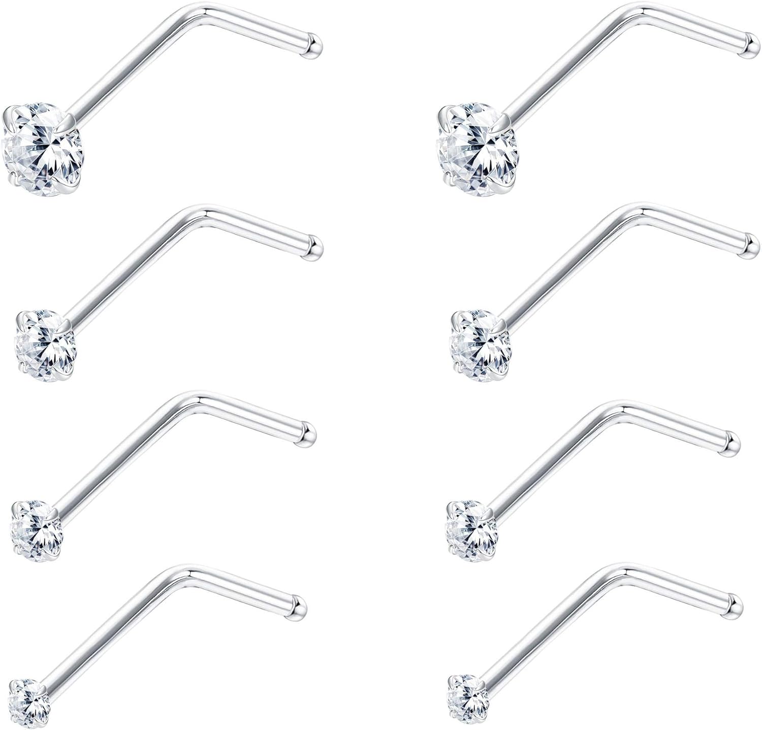 Sllaiss 22G 8Pcs Small L Shape Nose Rings Piercing Pin Studs for Women Men 925