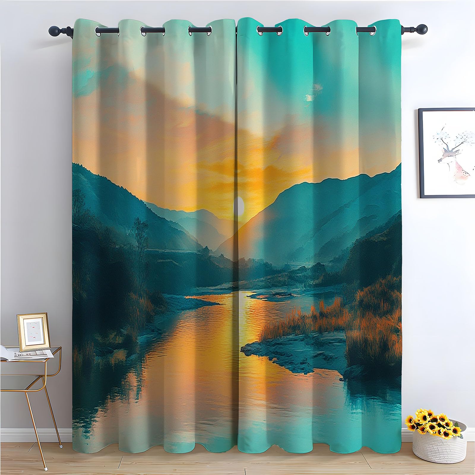 WQBQKKX Plant Curtains Window Ink Painting Farmhouse Flower Print Decorative Grommet Window Drapes Blackout Curtains for Bedroom-52 W x 108" L (Pack of 2)
