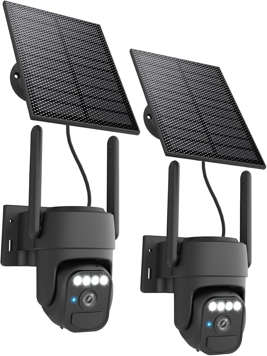 WY-LINK Wi-Fi 360° Cámaras de seguridad solar para el hogar Paquetes inalámbricos para exteriores 2 | Batería de 5200 mAh con panel solar, resistente a la intemperie IP65, visión nocturna en color, seguimiento de detección de movimiento, solo Wi-Fi 2.4G,panorámica/inclinación