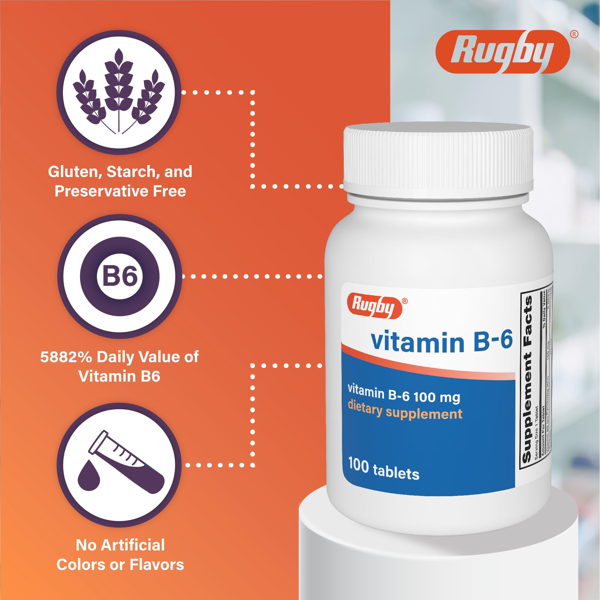 Rugby Vitamin B-6 Tablets - 100mg of Vitamin B6 - Dietary Supplement - 100 Count — Amazon image 4