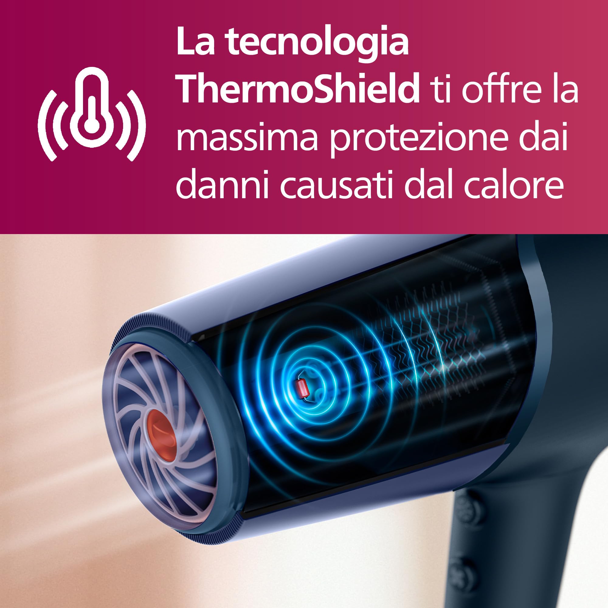 Philips Asciugacapelli Serie 5000, tecnologia ThermoShield, agli ioni, 2300°W, blu metallizzato, con beccuccio per styling da 9°mm e 11°mm, diffusore, BHD510/20