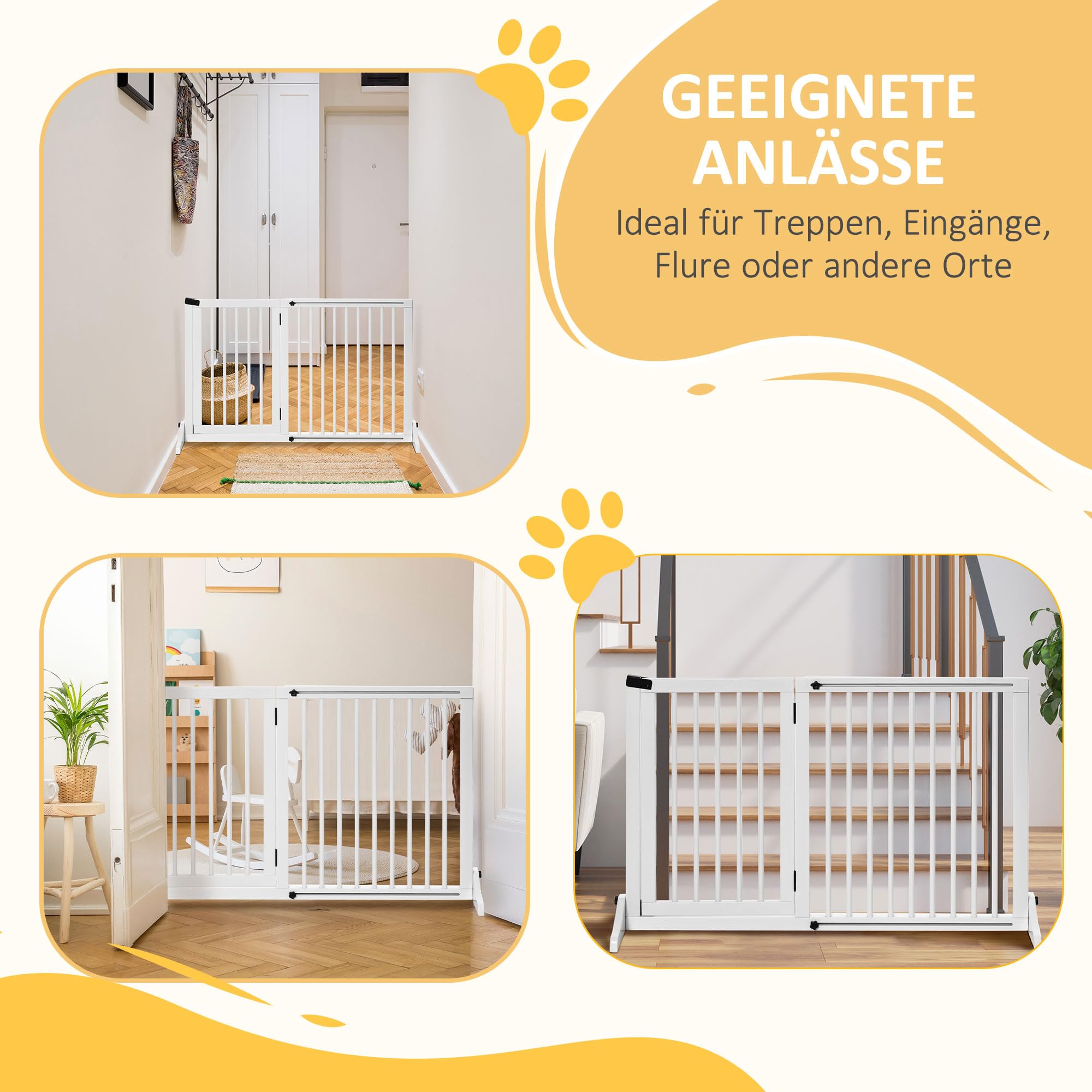 PawHut Absperrgitter Hund Freistehend Verstellbar 113-166 x 71 cm Weiß | Schutzgitter mit Füßen, Treppentürgitter Holz, Hundeabsperrgitter, für Treppen Türen Küche Flur, 3 Paneelen