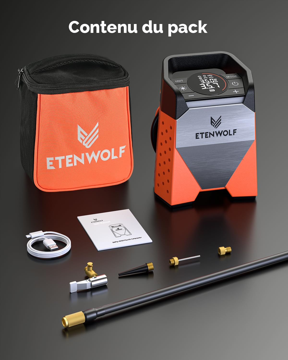 ETENWOLF ZEPHYR S3 7800mAh Compresseur à Air Portatif 11,03 Bar | Pompe à Air Électrique pour Voiture Moto Vélo Ballons - Gonflage Rapide en 1 Min et Lumières LED - Banque d'alimentation USB