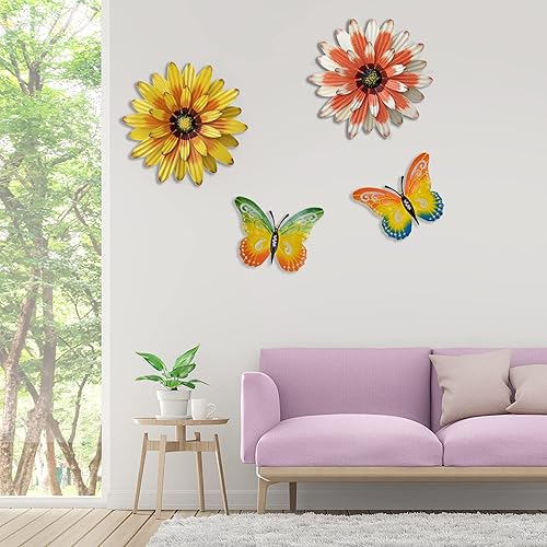 Vista 8 de Meduofon Decoración de pared de flores de metal para exteriores, paquete de 4 flores de metal y mariposa, decoración de pared para exteriores