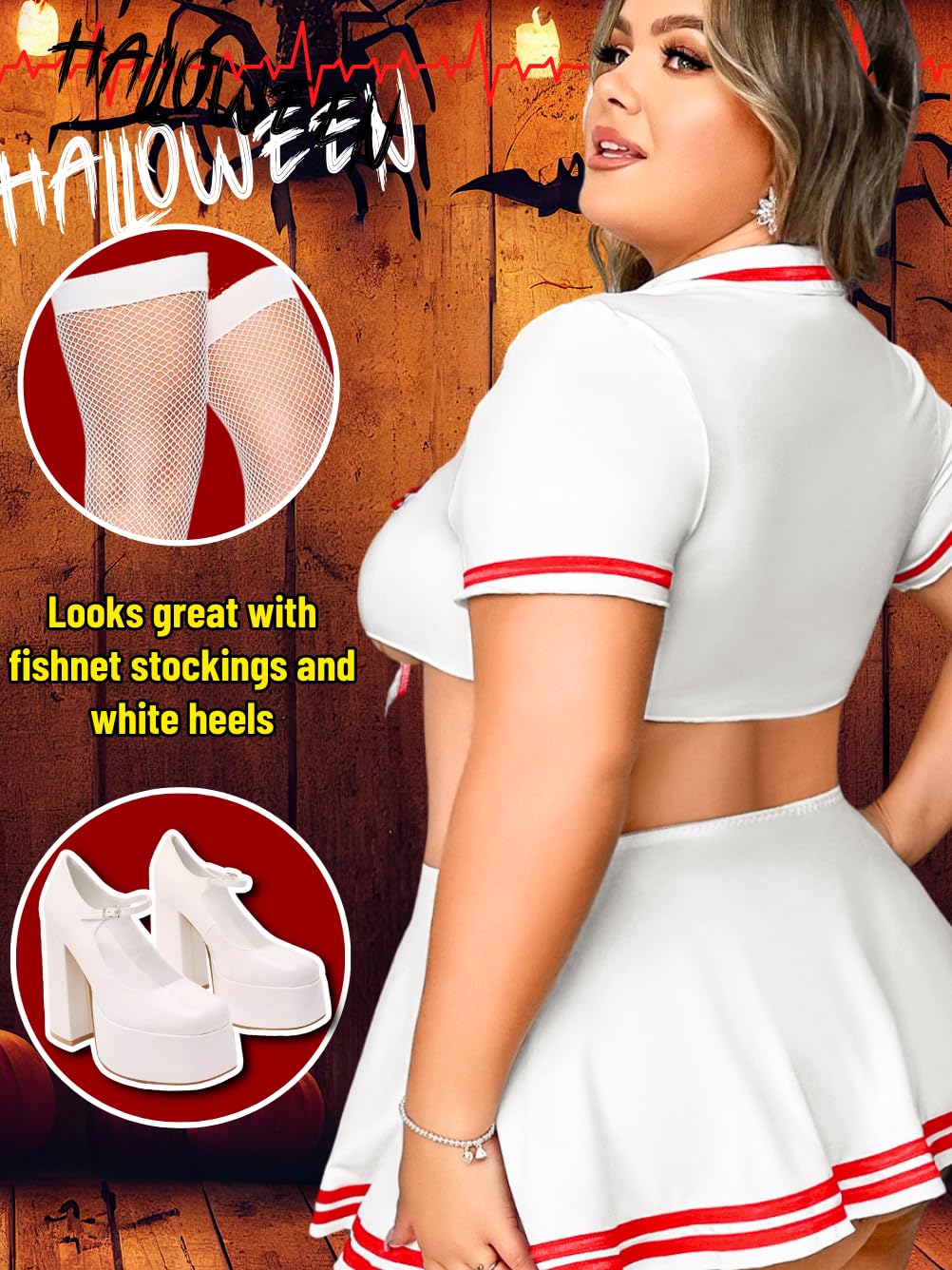 Kaei&Shi 4 Piece Plus Size Cosplay Outfit,Nurse Costume For Curvy Women,Halloween Outfits