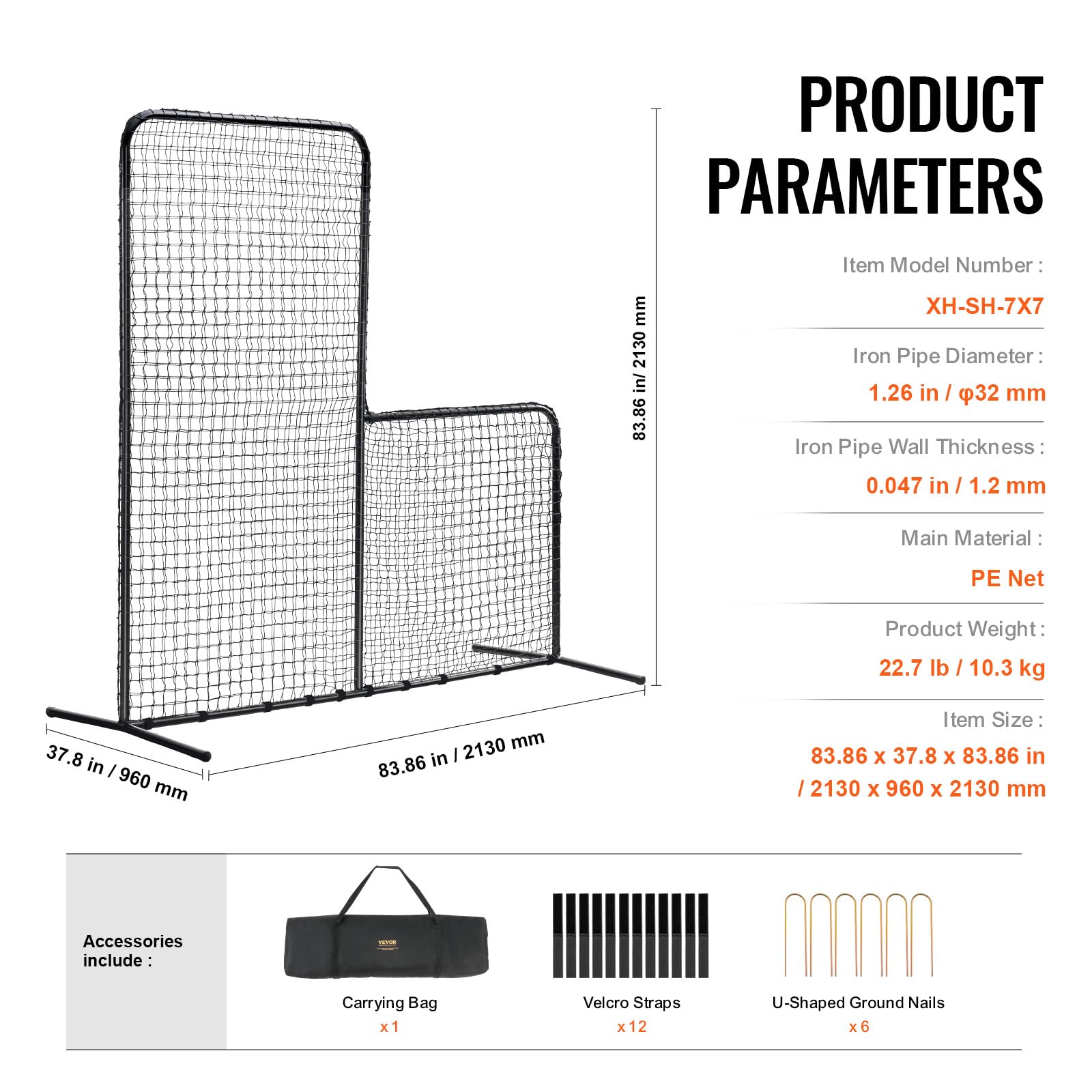 VEVOR Baseball L-Type Batting Cage Net 84" x 38" x 84" Safety Umbrella, Portable Baseball Softball Net with Carry Bag & Ground Stakes