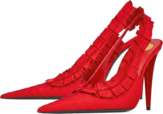 Womens Pointed-Toe Slingback Pumps with Ruffles and Pleats, Stiletto Heels, Satin Evening and Wedding Dress Shoes