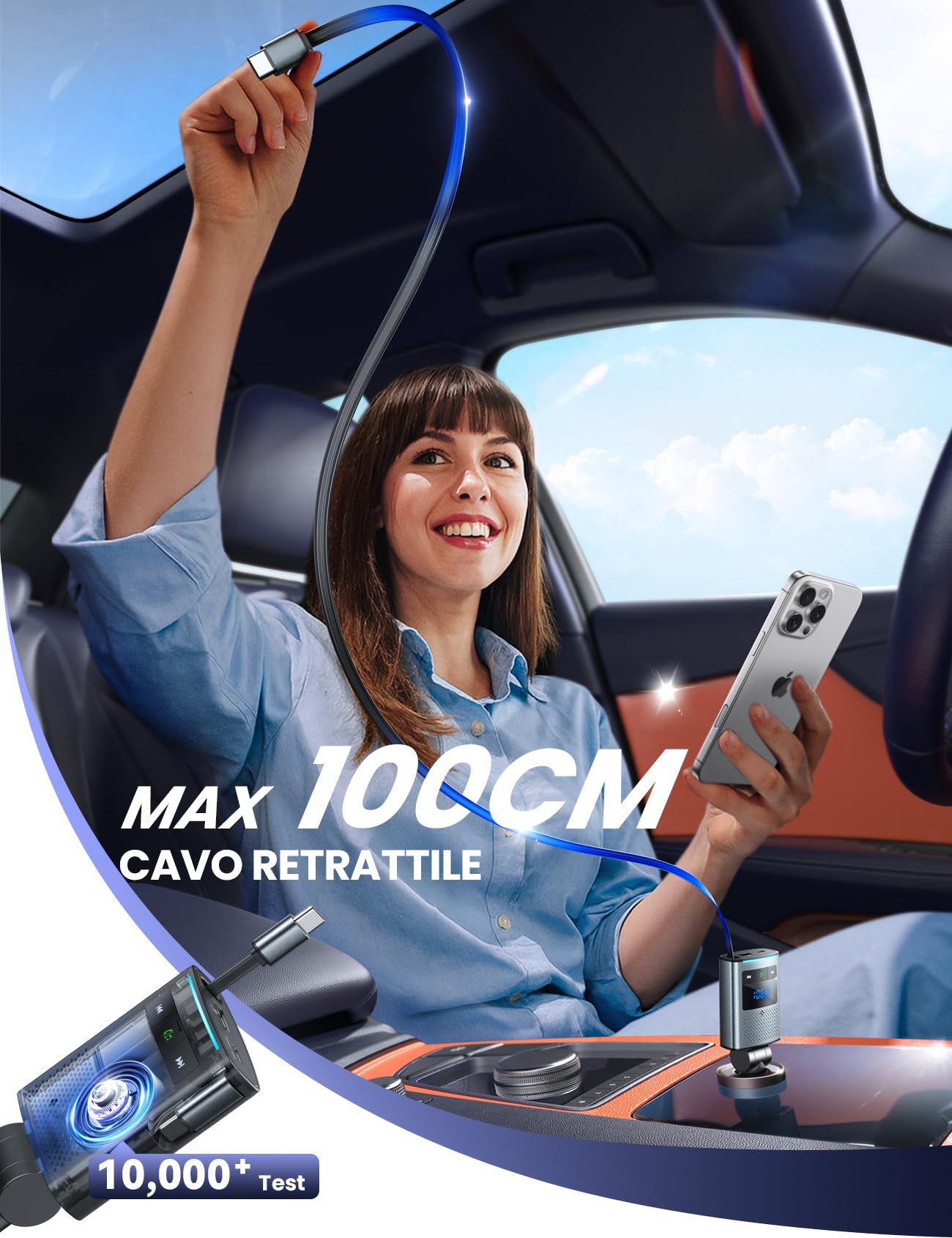 JOYROOM 90W Radio Bluetooth 5.4 Auto,【100CM Cavo Retrattile & Ricarica Rapida PD 45W】2026 Trasmettitore FM Bluetooth per Auto, 24V/12V Caricabatterie Auto con Chiamata Vivavoce per iPhone 17/Samsung
