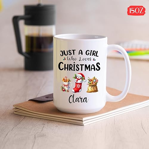 Miniatura 5 de Taza de café de Navidad personalizada, taza de café con texto en inglés Just A Girl Who Loves Christmas, taza de cerámica personalizada con nombre,