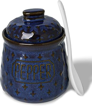 Salt & Pepper Bowl with Lid and Spoon, 10 OZ Ceramic Spices Cellar for Kitchen Counter top, Farmhouse Kitchen Decor Vintage Blue, 4.3" Label Pepper