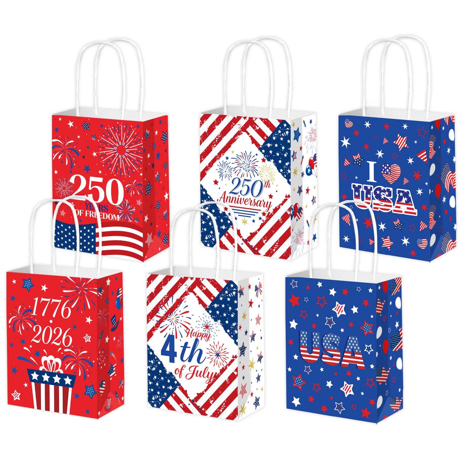 Qpout 12PCS 250th Anniversary Patriotic Gift Bags, Double Sided 1776-2026 Red White Blue Paper Bags with Handles, Bulk 4th of July Favor Bags for Independence Day, Memorial Day, Parades, Patriotic Holiday Party Supplies
