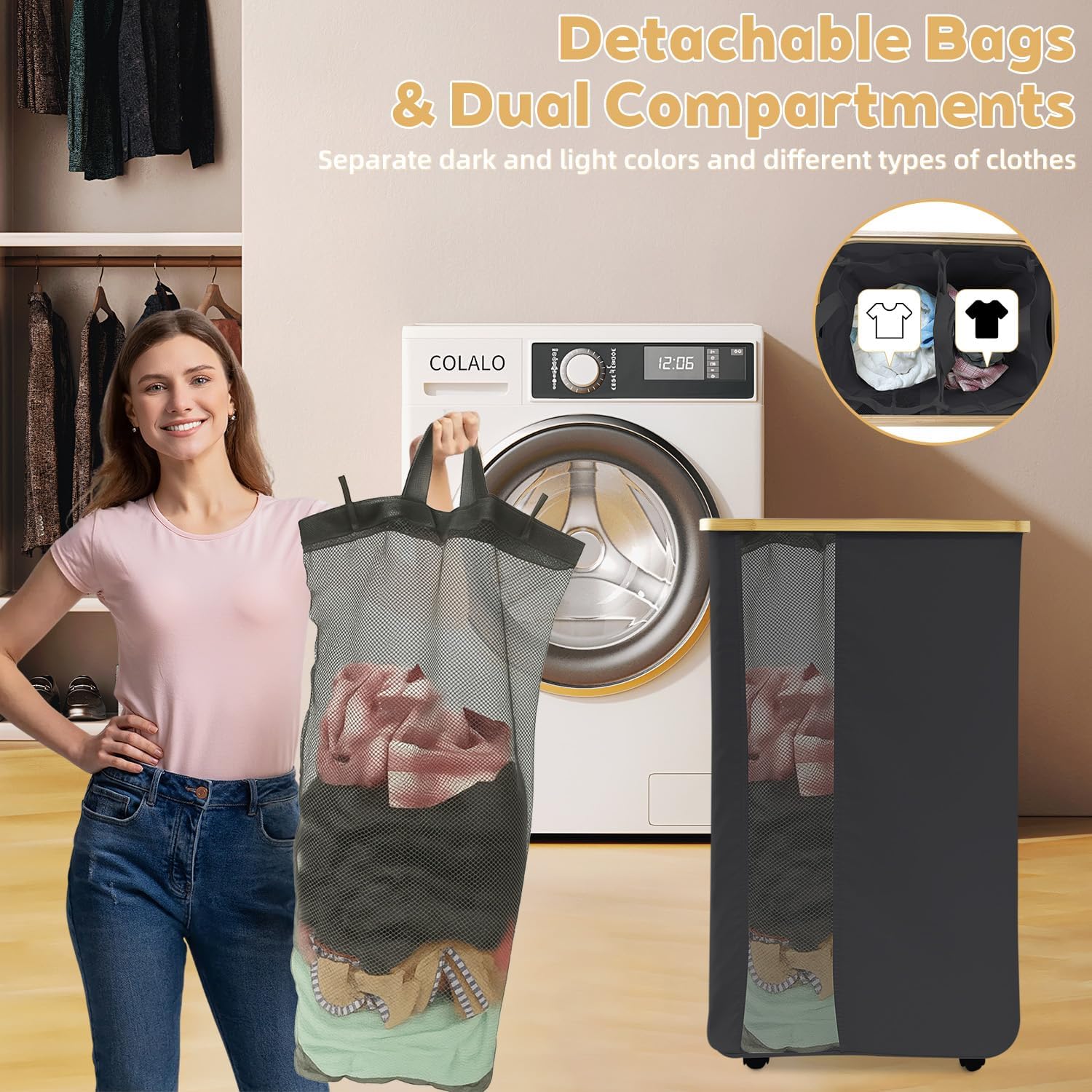 Rolling Laundry Hamper with Lid & Wheels, 110L Slim Double Black Laundry Hamper 2 Section, Narrow Large Laundrys Hampers with Removable Bags&Breathable Mesh, Dirty Clothes Hampers for Bedroom