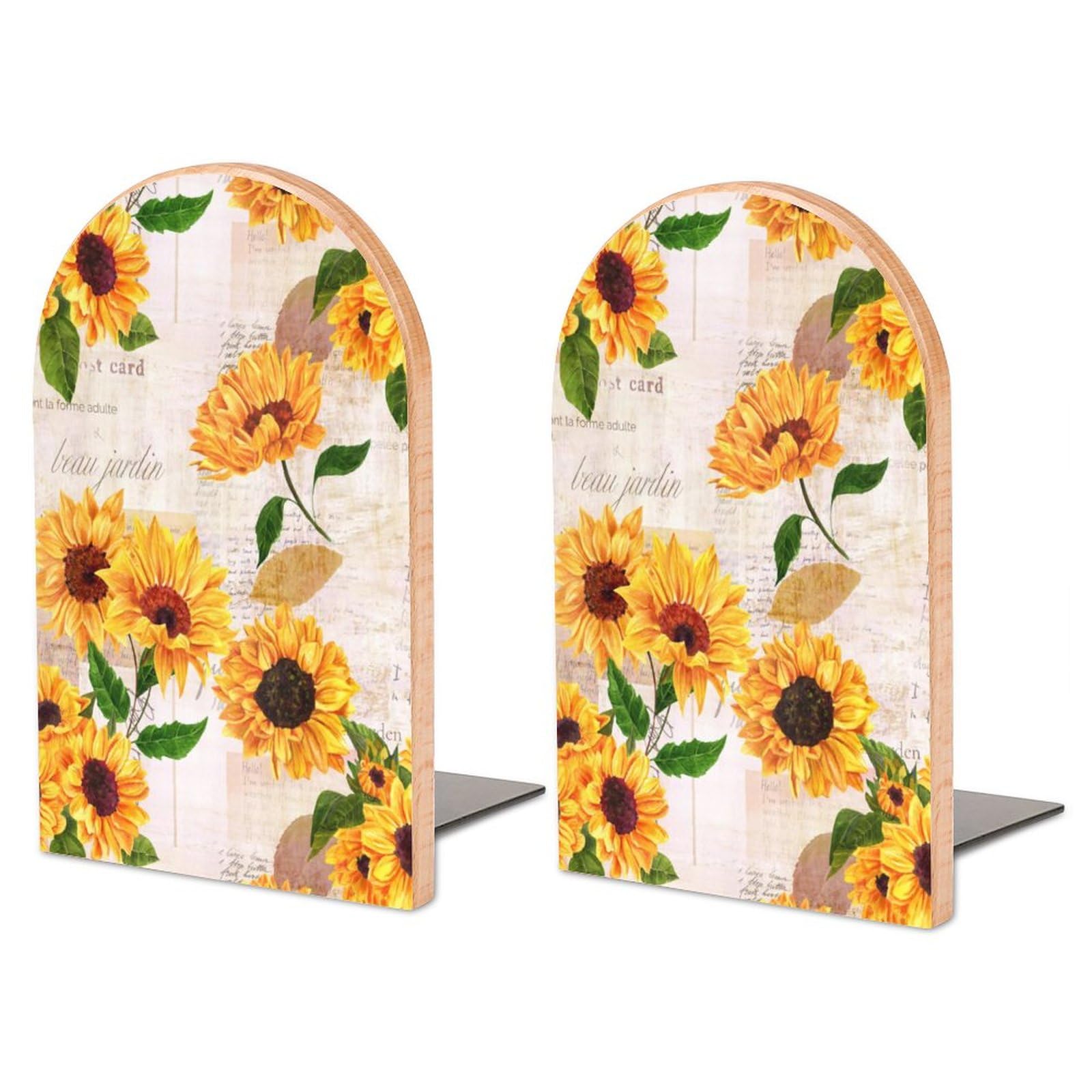 Juzgtsit Vintage Sunflower Book Ends Heavy Duty Wooden Bookends For Shelves Sturdy Non-Skid Decorative Book Stoppers For Books Cds