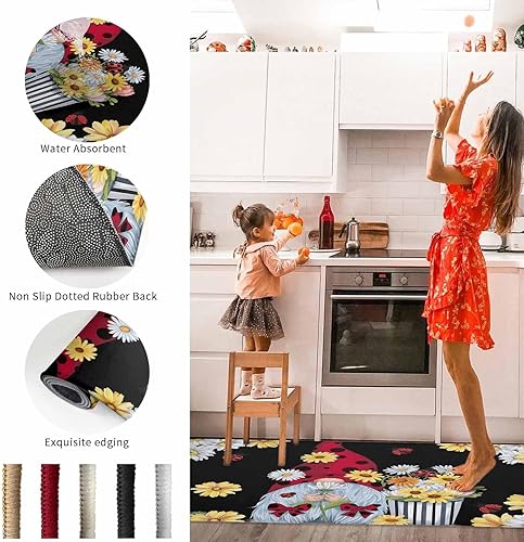Miniatura 5 de SEVENBABU Juego de 2 tapetes de cocina antideslizantes, diseño rústico, gnomo, margaritas y mariquitas, juego de alfombras absorbentes negras para