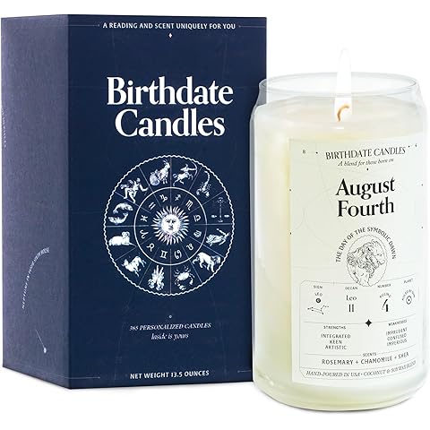 Birthdate Candles, August 4 - Leo Zodiac Scented Candles Birthday Gift - Rosemary, Chamomile & Shea Scent - All-Natural Soy & Coconut Wax, 60-80 Hour Burn Time - Made in USA