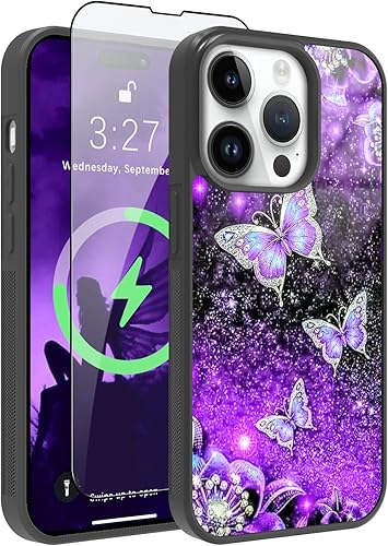 OOK Funda magnética para iPhone 15 Pro Max con purpurina morada, diseño espacial de nebulosa de mariposa compatible con MagSafe PC duro + TPU suave