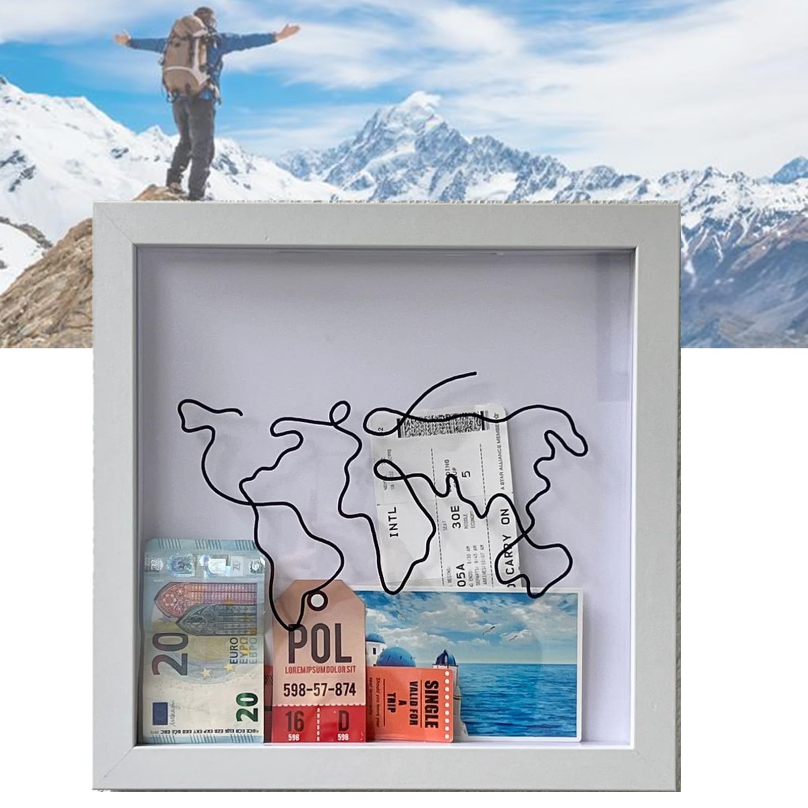 Joy Depot 12Inch Large Size Adventure Archive Box Frame Shadow Box Frame with Slot Travel Memory Box with World Map Design Tickets Collection Box for Movie, Sporting of Memory Ticket - White