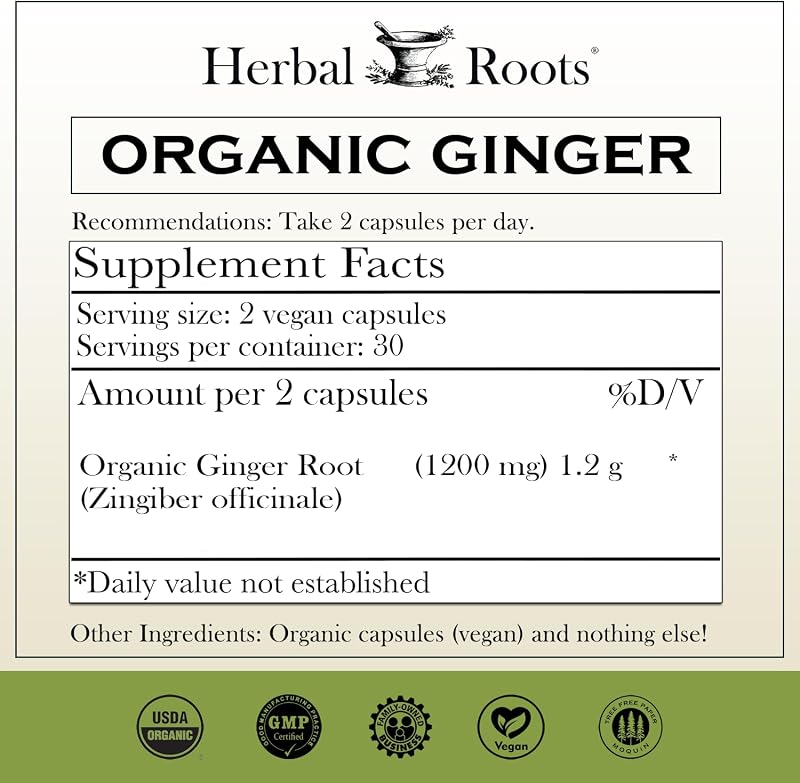Herbal Roots Organic Ginger Capsules - Digestive Support - USDA Certified Organic - 60 Vegan Capsules image 2