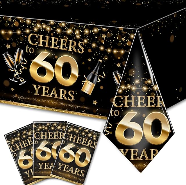 HAKOTI 60th Birthday Decoration,3Pack Black Gold Birthday Tablecloth,Cheers to 60 Years Table Decoration for Men or Women 60th Birthday Anniversary Birthday Wedding Party Tablecloth