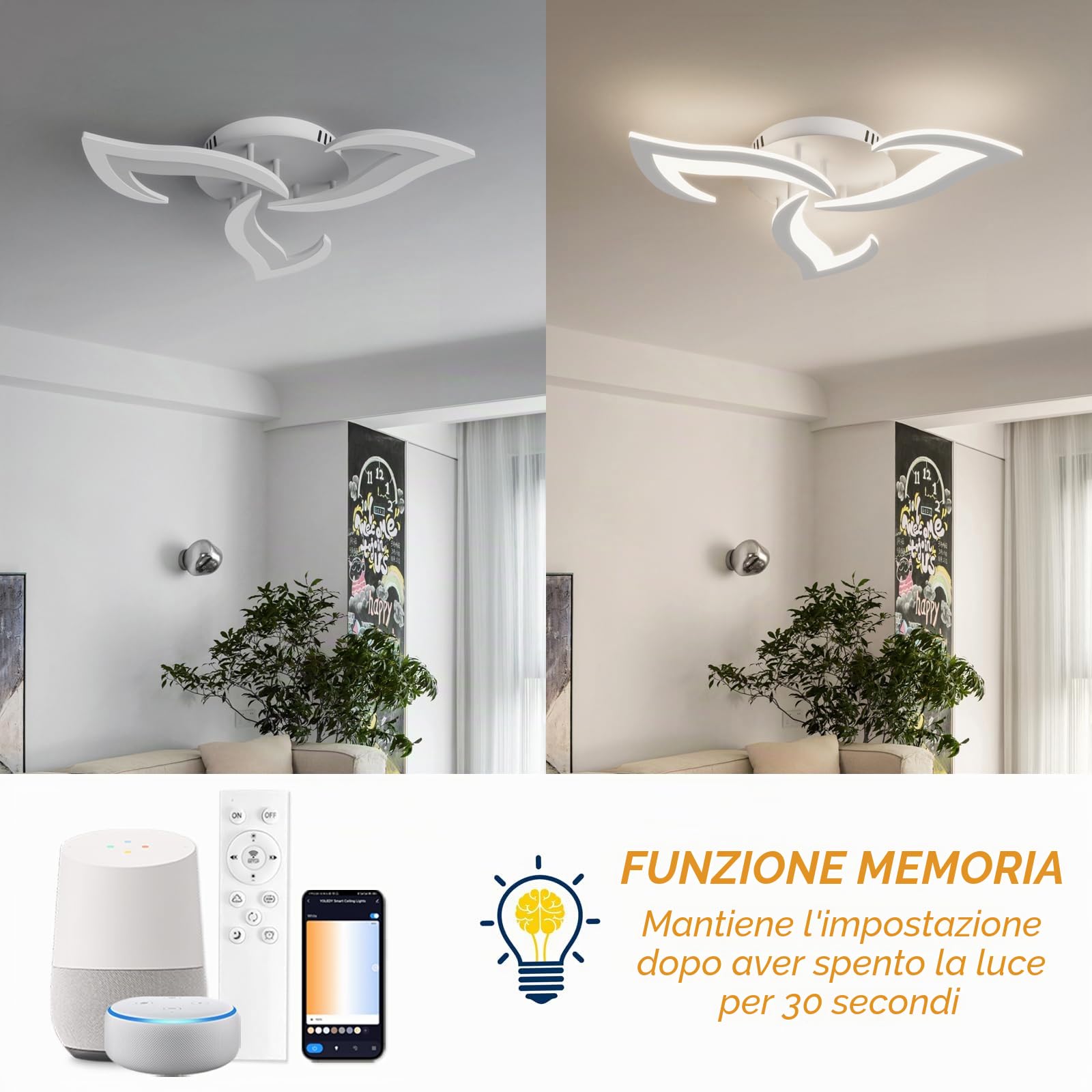 Plafoniera Smart Compatibile con Alexa, LED Dimmerabile con App e Controllo Vocale, Lampadario Moderno a Fiore con Telecomando per Camera da Letto, Sala da Pranzo, Cucina, WiFi 2.4GHz, Bianco