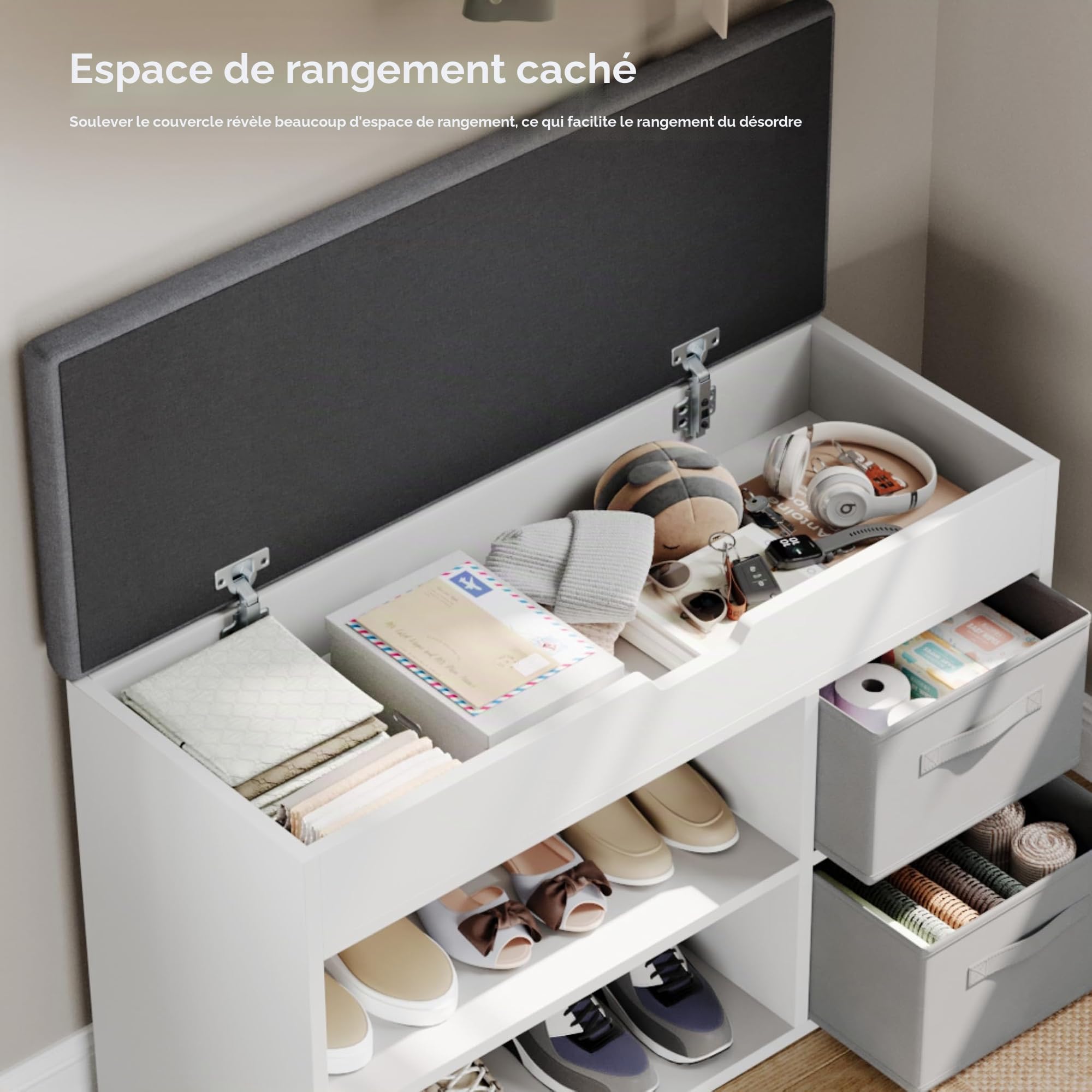 Mondeer Banc Chaussures entrée, 2 tiroirs + 3 casiers, Blanc | Assise rembourrée. 2 tiroirs en tissu, 3 casiers. Style campagnard. 80x48x30 cm. Idéal entrée, salon, chambre.