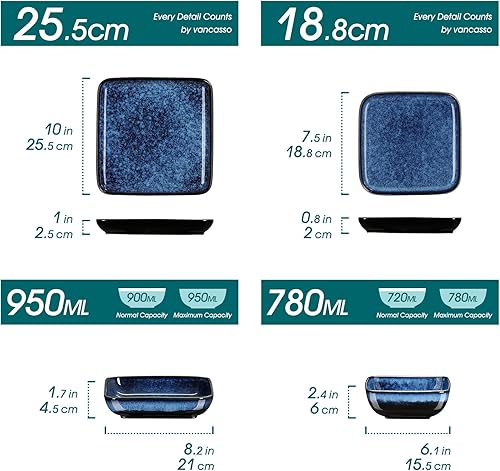 Miniatura 2 de vancasso Juego de vajilla azul popa, vajilla cuadrada de esmalte reactivo, juego de vajilla de cerámica de 48 piezas con plato de cena, plato de