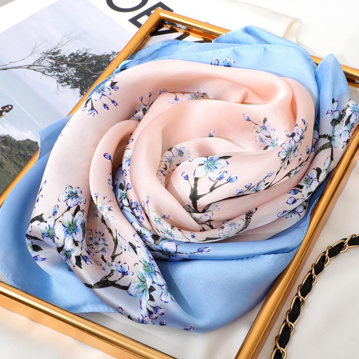 Womens Soft Lightweight 27'' Peachblossom Print Fashion HeadScarf Neck Hair Small Square Scarf