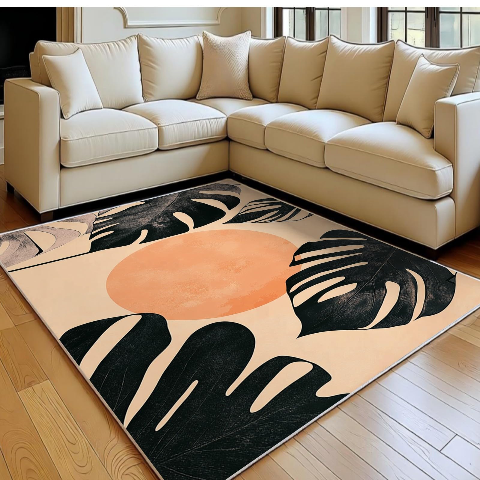 Tapis de salon lavable en machine et antidérapant, grand format 180x270cm doux à poil ras pêche