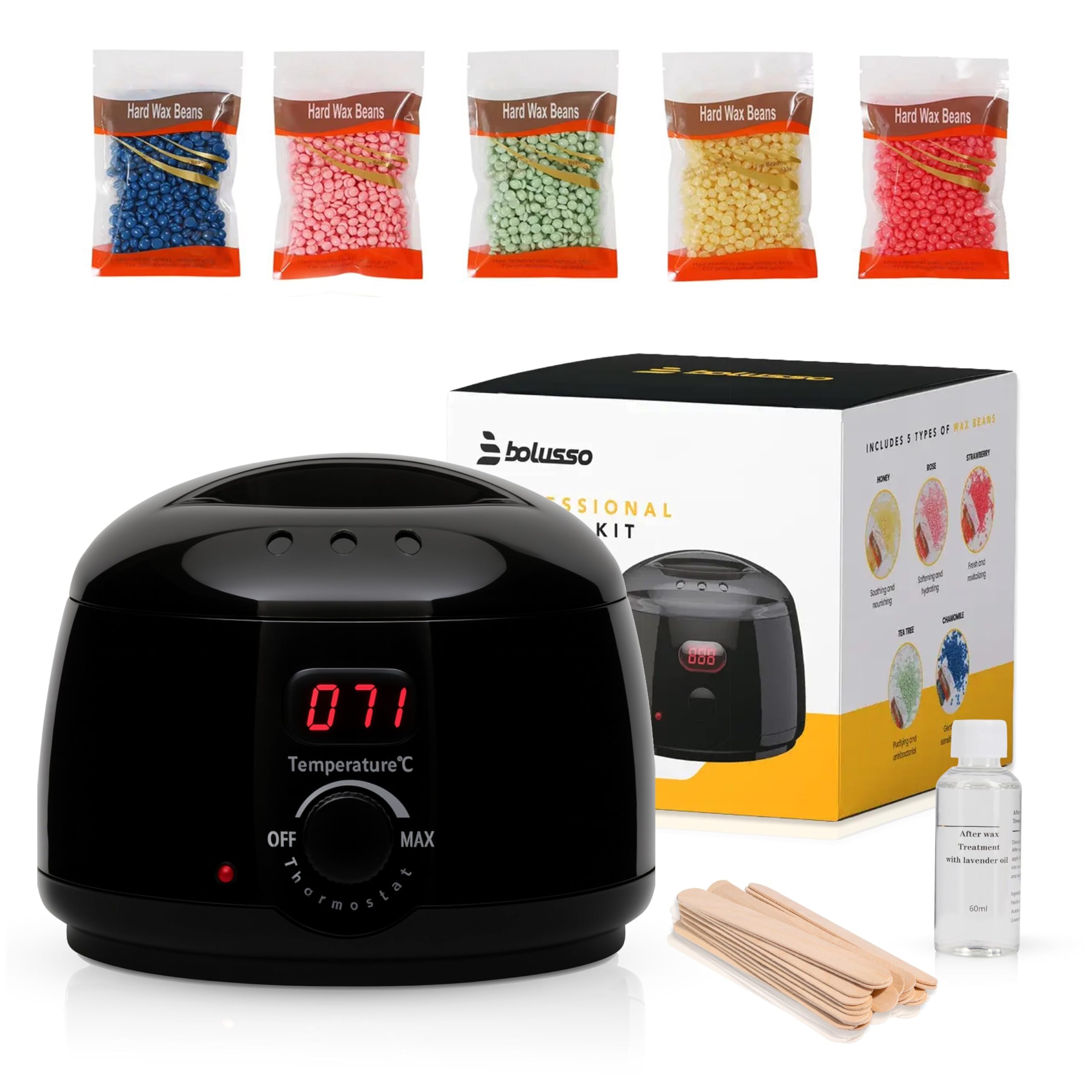 Dispositivo per la cera, set di depilazione, con scaldabagno, 5 tipi di fagioli di cera (500 g), 50 bastoncini di cera, temperatura regolabile 30 – 120 °C, set di cera per la casa e il salone