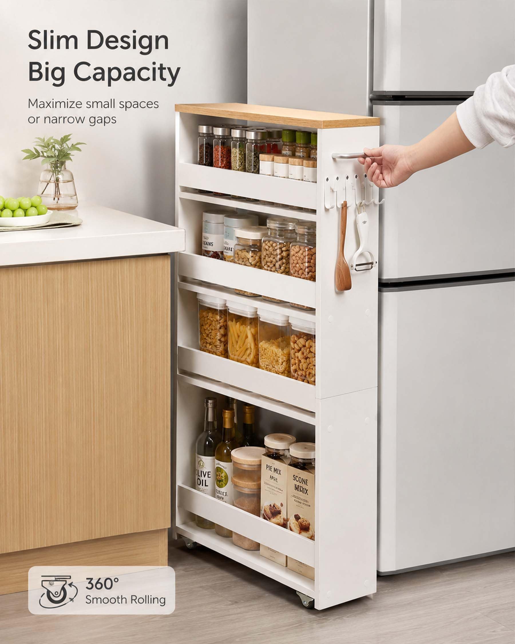 Carrito Organizador Estrecho Blanco 5 Niveles 40×22×108cm Pack de 2 | Cuatro ruedas, dos con freno, facilitan el desplazamiento; el asa lateral y los ganchos añaden espacio de almacenaje