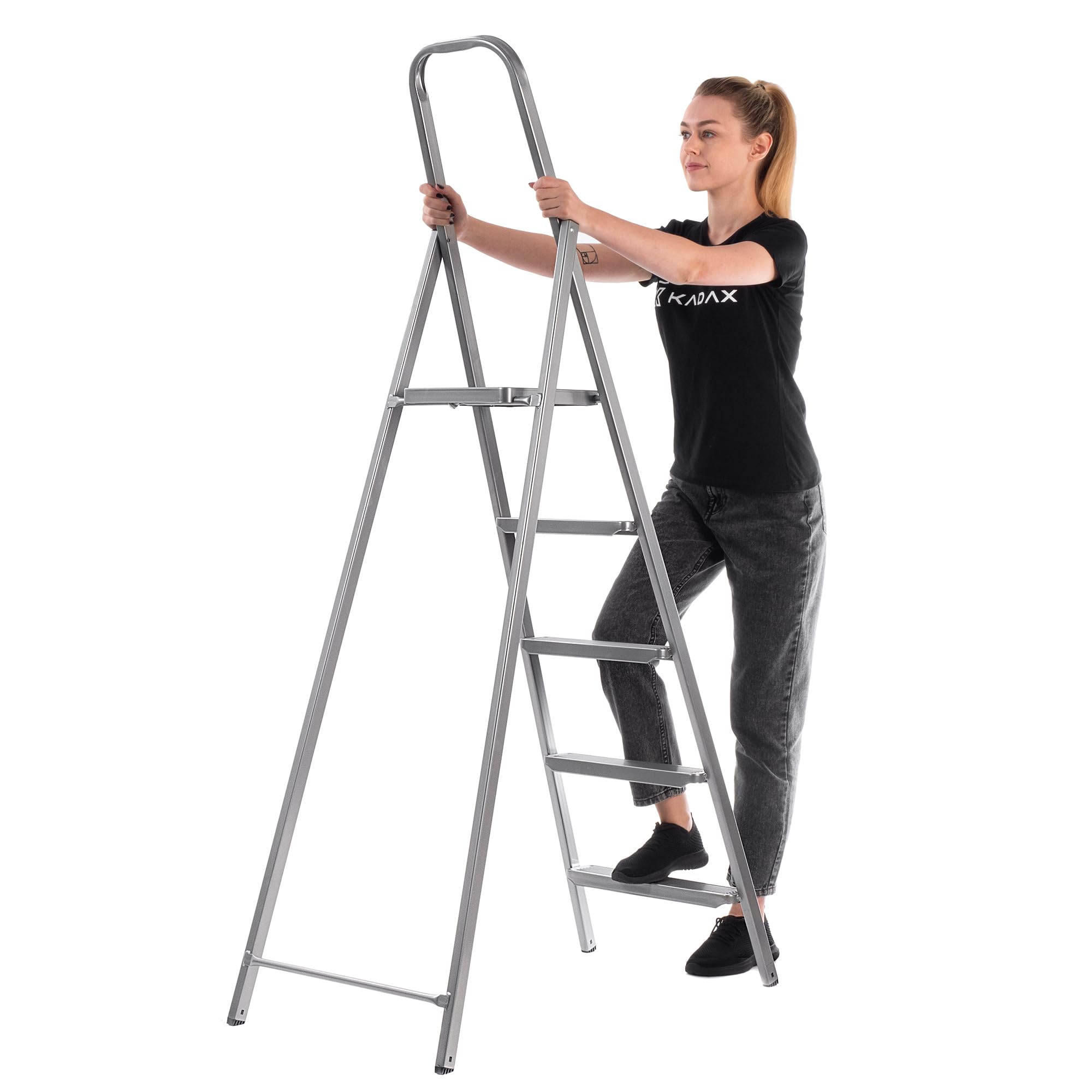 KADAX Escalera de acero de un solo lado con pies antideslizantes, escalera de tijera, escalera con estante, escalera de tijera, escalera plegable, escalera doméstica con peldaños anchos (5 peldaños)