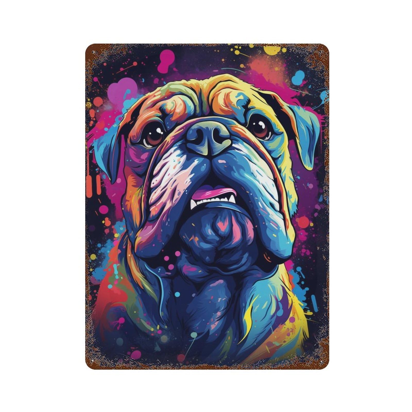 Colorful Bulldog Art Print Distressed Metal Wall Sign 15.7"x11.8", Rustic Home Decor for Living Room, Hallway And Home Decor
