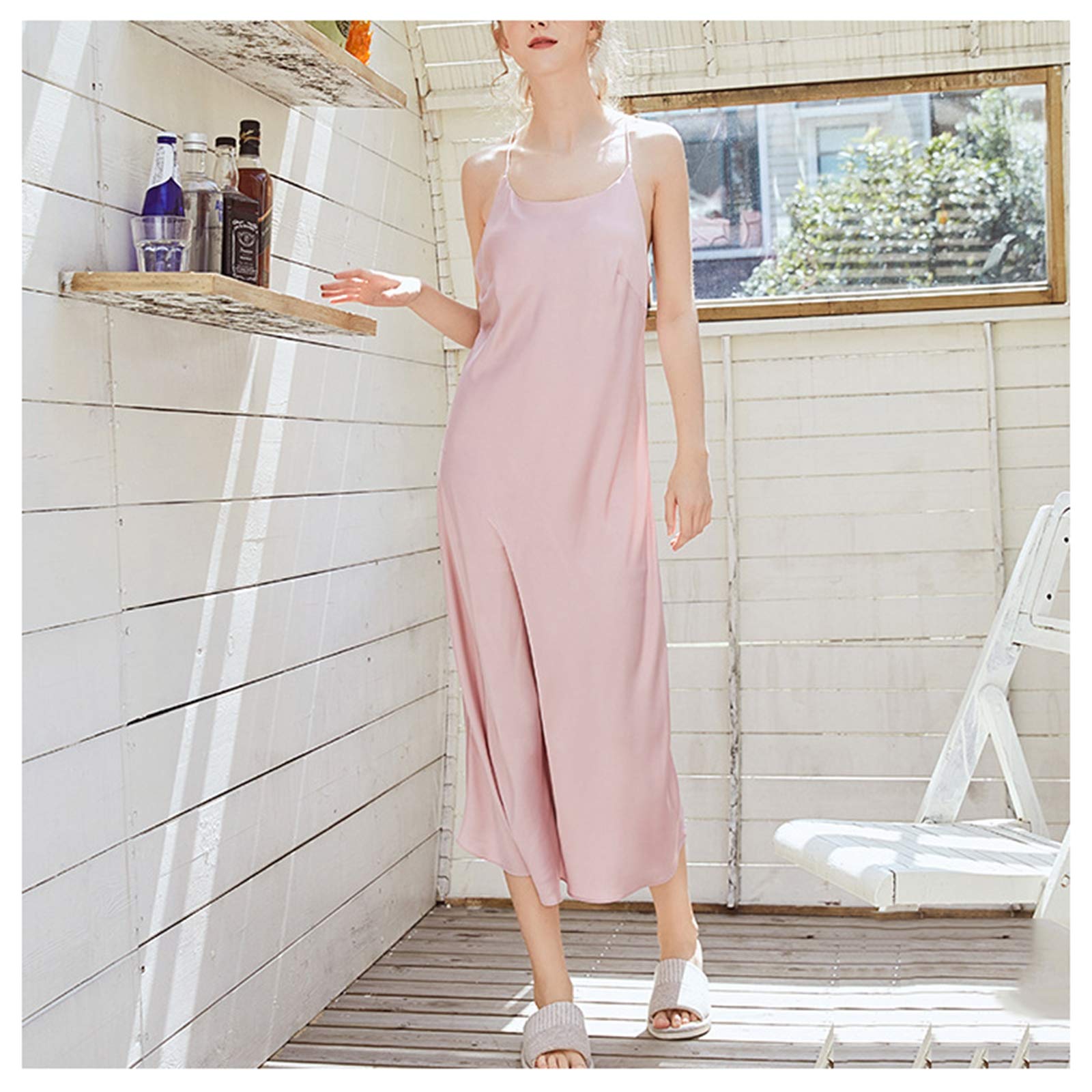 Chemise de nuit longue et pyjama sexy sans dos pour femme en rose M-XL