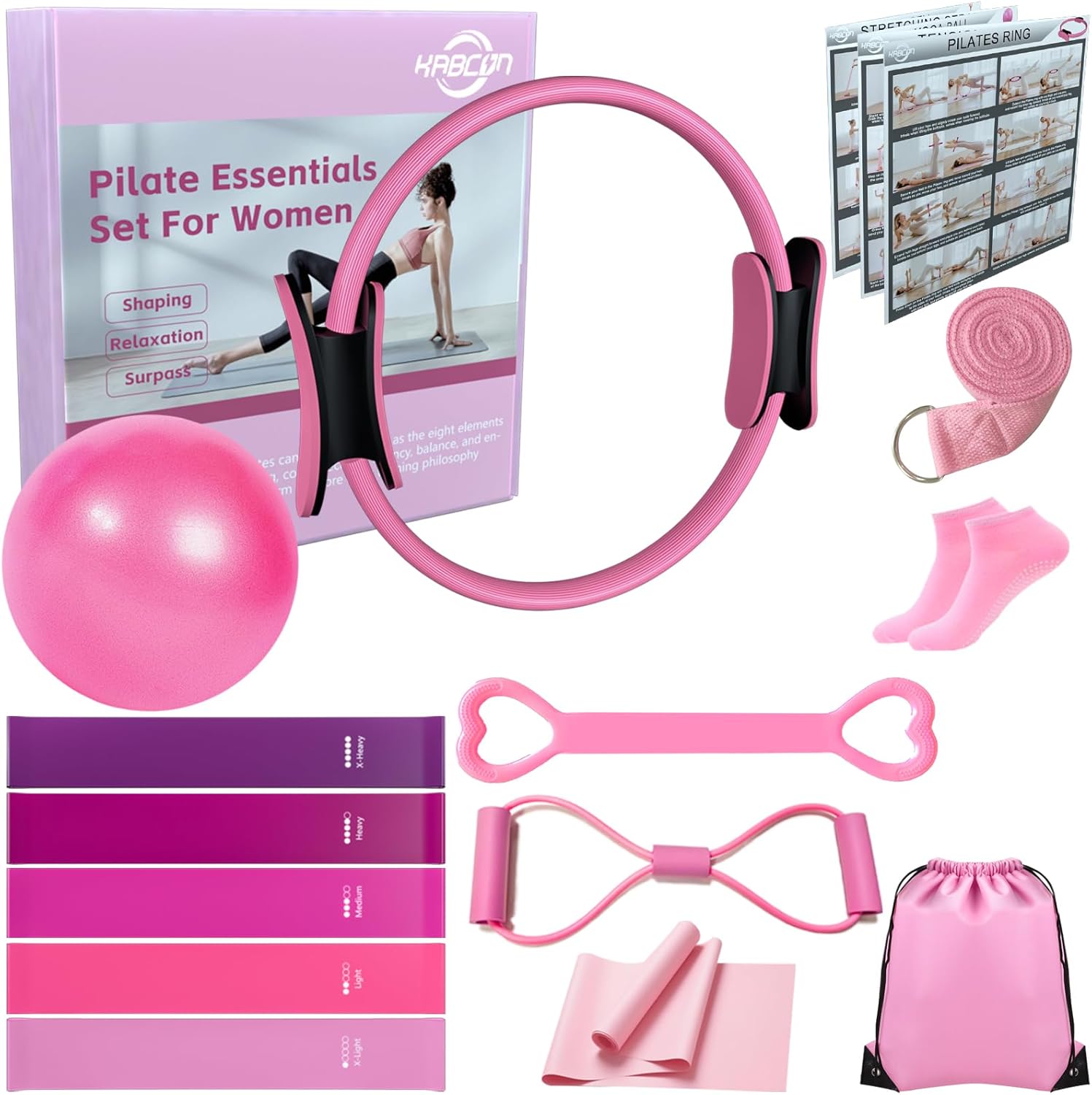 KABCON Pilates Equipment Essentials Set for Women at Home with Complete User Guide,13 Pilates Ring,9.8 Exercise Ball,Resistance Bands,Yoga Socks,Yoga Strap,13/14/16-Pcs Starter Workout Set